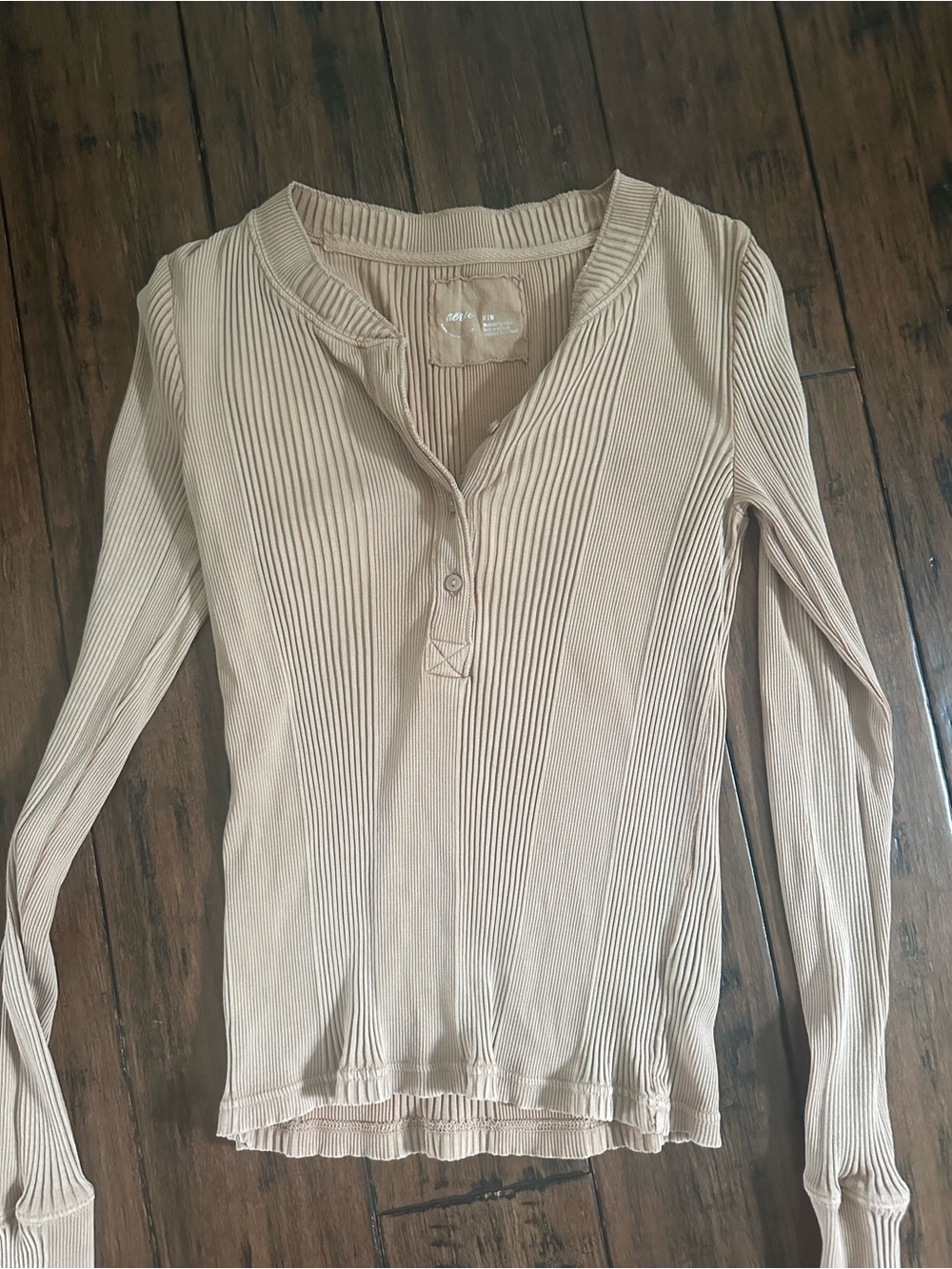 aerie Ribbed Henley Long Sleeve Top - Taupe